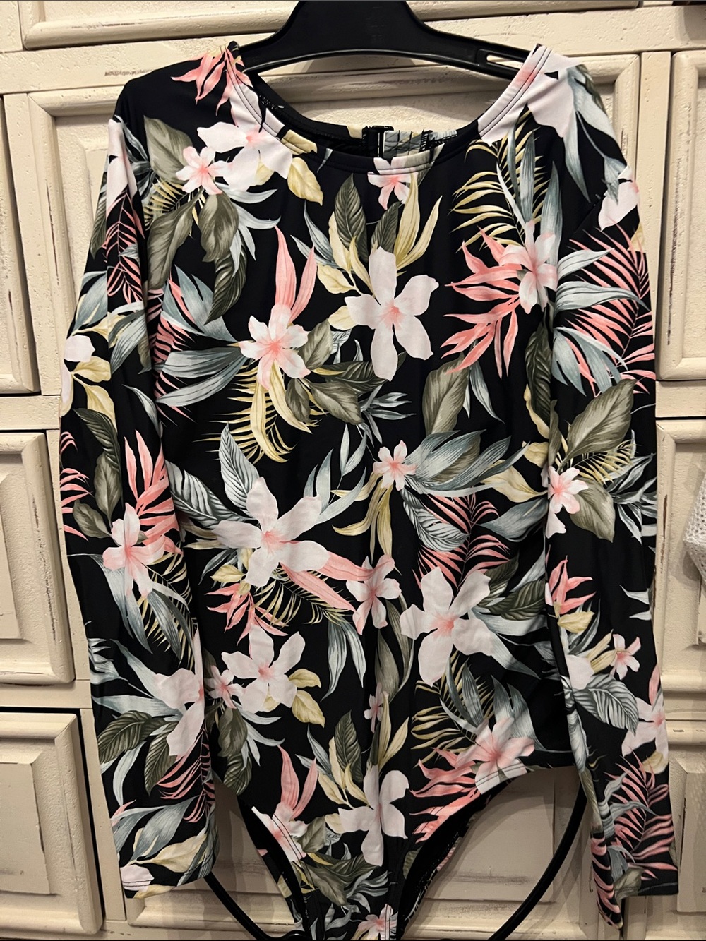 KONA SOL Long Sleeve Floral One-Piece Swimsuit - Black/Pink